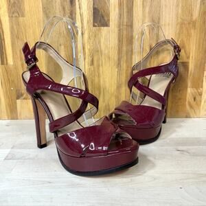 Pour le Victoire Burgundy Patent Leather Platform Strappy Heels 9